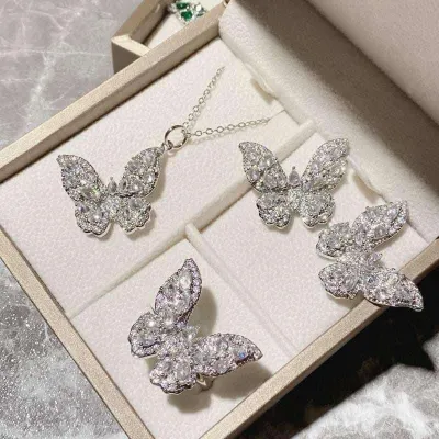 Elegant Butterfly Zircon Crystal Pendant Necklace Set (4 pcs)